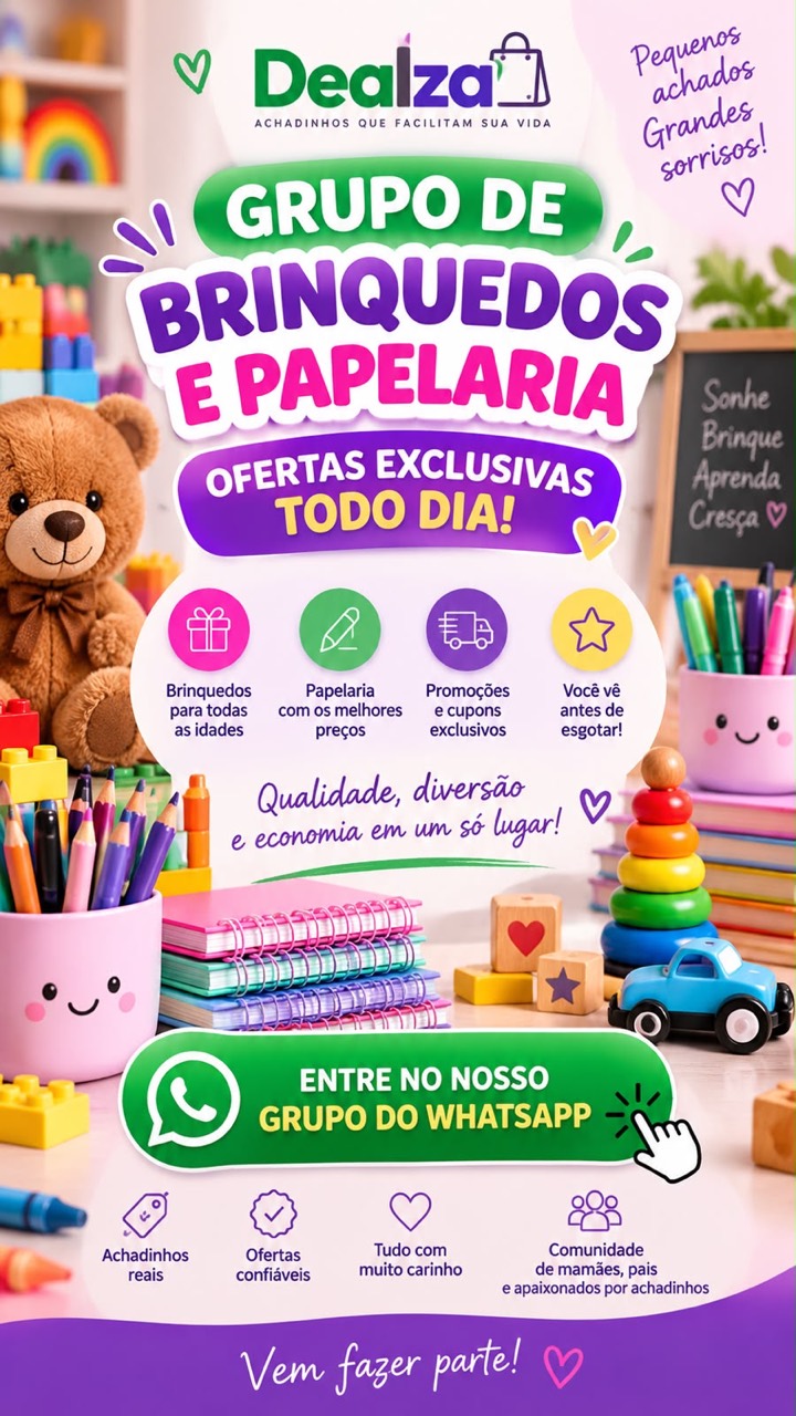 Grupo Dealza de Brinquedos e Papelaria, com brinquedos e materiais escolares
